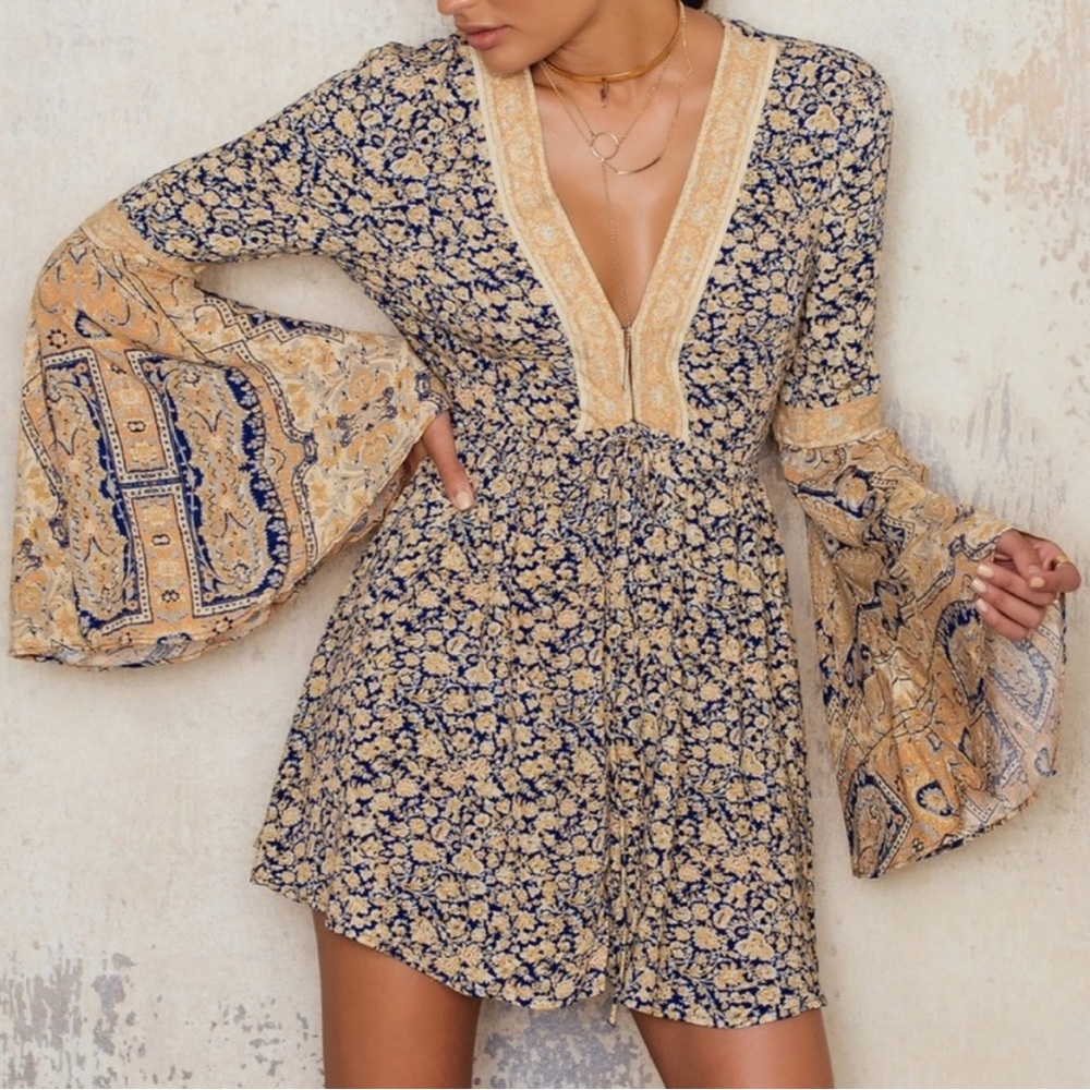 Free People “Once Upon a Summertime” Floral Bell Sleeved Romper in Blue Combo